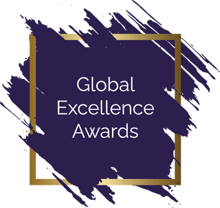 Global Excellence Award: "Best Sustainable Jewellery Business Denmark" logo with artistic background.