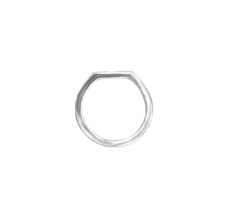 Silver ring with a unique geometric design on a white background