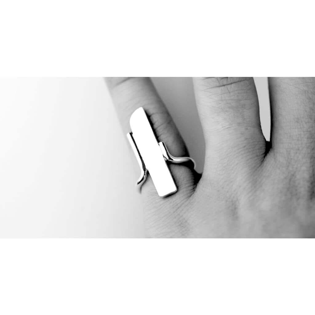 Artisan made modern heirloom Freedom ring by eco jeweller M of Copenhagen show on hand